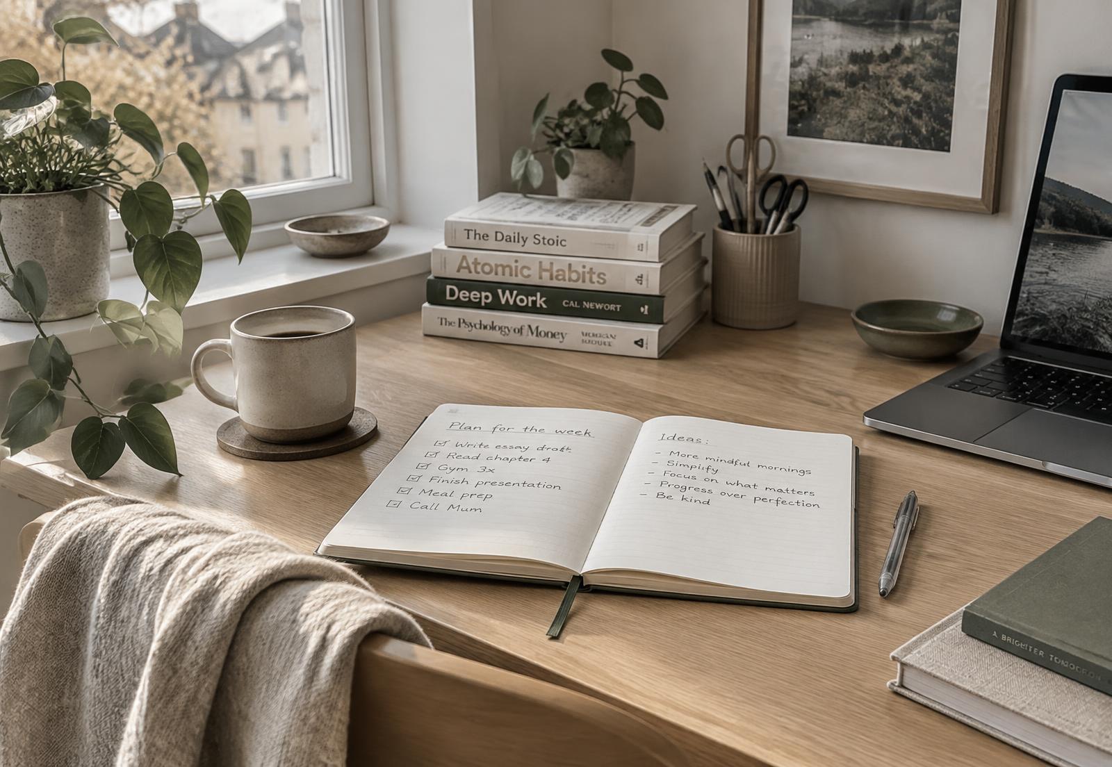 Skrivebord ved et vindue med notesbog, bøger og en kop kaffe